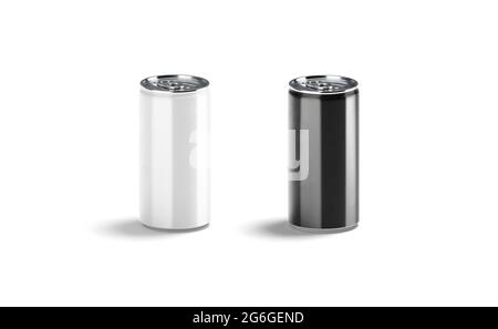 Blank black and white aluminum narrow 280 ml soda can mockup, 3d rendering. Empty cold refreshment beverage pack mock up, isolated, side view. Clear m Stock Photo