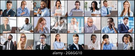 Collage of multiracial business people expressing different emotions, using gadgets, doing their job Stock Photo