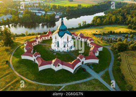 Aerial view of Pilgrimage Church of Saint John of Nepomuk on the Green Hill at sunset. Stock Photo