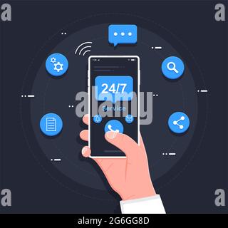 Customer service. 24-7 service concept or call center in flat illustration. A man with a phone in his hands calls the round-the-clock customer service Stock Photo