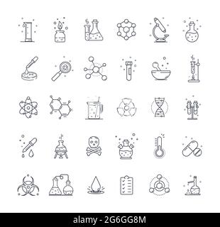Large set of Chemistry lab and diagrammatic icons showing assorted experiments, glassware and molecules isolated on white background . Design elements Stock Photo
