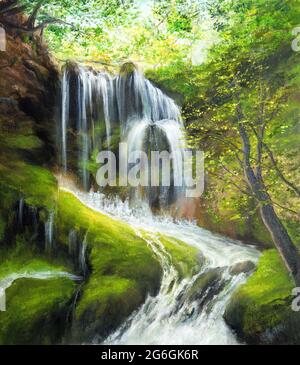 Original  oil painting of beautifl spring landscape,waterfall in the forest on canvas.Modern Impressionism, modernism,marinism Stock Photo