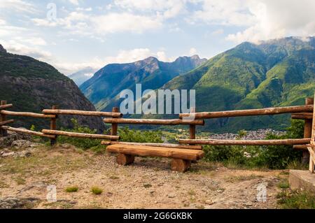 landscape view of a observation point in Valle d'Aosta, Italy looking toward the little town of Verres in the Alps Stock Photo