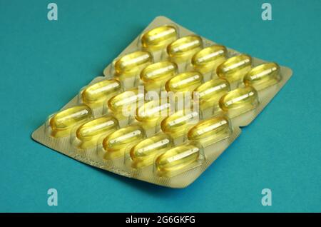 Omega 3 Supplement in blister pack. Fish oil capsules. Omega 3 Supplement. Pharmacy industry. Pharmaceuticals pills medicine and healthcare concept. Stock Photo