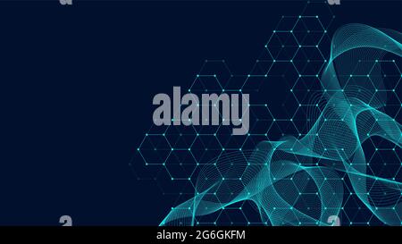 Technology abstract lines and dots connect background with hexagons. Hexagon grid. Hexagons connection digital data and big data concept. Hex digital Stock Vector