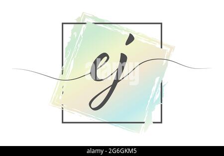 Calligraphic lowercase letters EJ in a single line on a colored background in a frame. Vector illustration. Simple Style Stock Vector