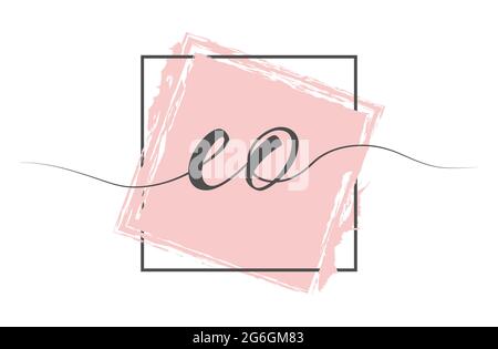Calligraphic lowercase letters EO in a single line on a colored background in a frame. Vector illustration. Simple Style Stock Vector