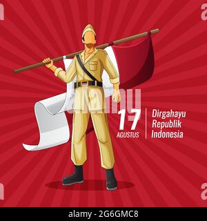 indonesian Independence vector greeting card with hero holding Indonesian flag Stock Vector