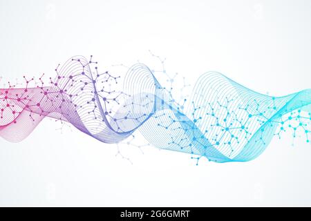 Molecular structure background. Science template wallpaper or banner with a DNA molecules. Asbtract molecule background with hexagons, wave flow Stock Vector