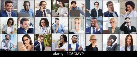 Collage with diverse business people portraits in row. Headshots of entrepreneurs showing different emotions Stock Photo