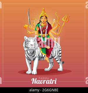 sharad navratri vector greeting card with Durga goddess and white tiger Stock Vector