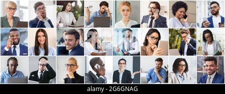 Set of business people in formal wear showing variety of emotions, using modern technologies, doing office job Stock Photo
