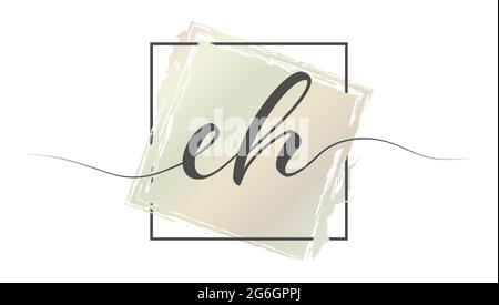 Calligraphic lowercase letters EH in a single line on a colored background in a frame. Vector illustration. Simple Style Stock Vector