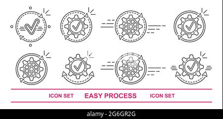 Easy operation process, data update icon set. Optimize and effective finish work, transfer money, check result, upload file. Sign with gear. Vector Stock Vector
