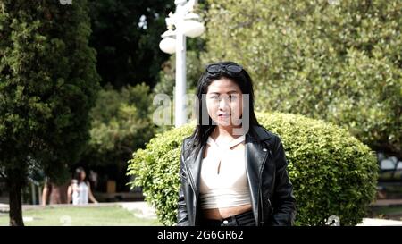 Facial Expressions Chinese Asian Girl Model Poser Actress Tourist Traveler in Park Bangkok Thailand Stock Photo