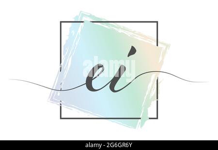 Calligraphic lowercase letters EI in a single line on a colored background in a frame. Vector illustration. Simple Style Stock Vector