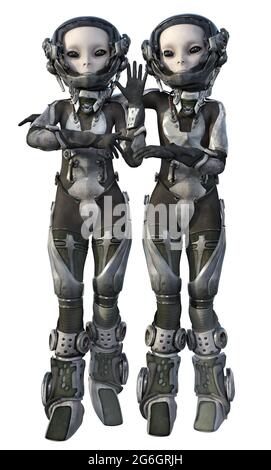 Aliens posing in futuristic space suit isolated on white background Stock Photo