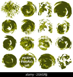 Vector illustration. Collection of green bicolor paint, ink brush strokes, brushes, blots. Dirty design elements Stock Vector