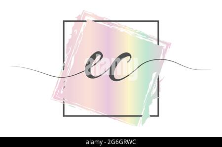 Calligraphic lowercase letters EC in a single line on a colored background in a frame. Vector illustration. Simple Style Stock Vector