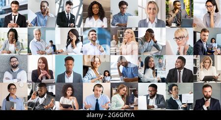 Set of male and female business portraits. Corporate employees of all ages and races showing various face expressions Stock Photo