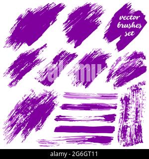Set of freehand drawing. Collection of purple bicolor paint, ink brush strokes, brushes, blots, lines, grungy. Dirty elements Stock Vector
