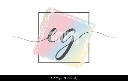 Calligraphic lowercase letters EG in a single line on a colored background in a frame. Vector illustration. Simple Style Stock Vector