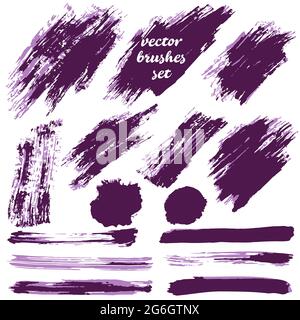 Collection of violet bicolor paint, ink brush strokes, brushes, blots, lines, grungy. Dirty artistic design elements, boxes, frames Vector illustratio Stock Vector