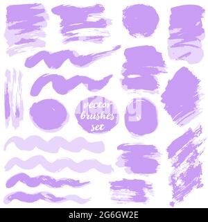 Set of freehand drawing. Collection of purple bicolor paint, ink brush strokes, brushes, blots, lines, grungy. Dirty artistic design elements, boxes, Stock Vector