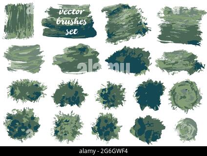 Vector illustration. Collection of green bicolor paint, ink brush strokes, blots. Dirty elements Stock Vector