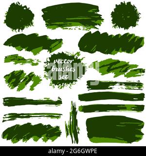 Collection of green bicolor paint, ink brush strokes, brushes, blots, lines, grungy. Dirty artistic design elements, frames Stock Vector