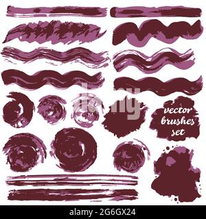 Collection of violet bicolor paint, ink brush strokes, brushes, blots, lines, grungy. Dirty artistic design elements, boxes Stock Vector