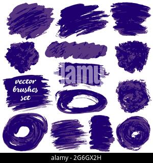 Collection of violet bicolor paint, ink brush strokes, brushes, blots, lines, grungy. Dirty artistic design elements Stock Vector
