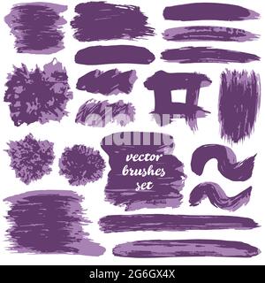 Set of freehand drawing. Collection of purple bicolor paint, ink brush strokes, brushes, blots, lines, grungy. Dirty artistic design elements, boxes Stock Vector