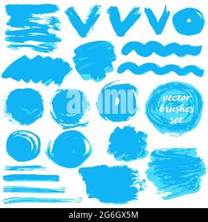 Collection of blue bicolor paint, ink brush strokes, brushes, blots, lines, grungy elements Stock Vector