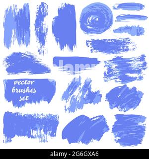 Collection of blue bicolor paint, ink brush strokes, brushes, blots, lines, grungy. Dirty artistic design elements, boxes, frames. Isolated on white b Stock Vector