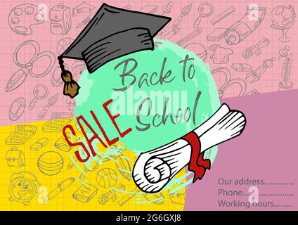 Sale, action. Welcome to school. Design poster, banner, flyer. School supplies Doodle hand drawing Vector Illustration Stock Vector