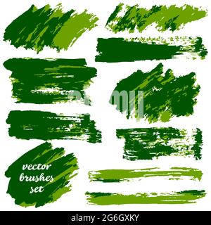 Collection of green bicolor paint, ink brush strokes, brushes, blots, grungy elements Stock Vector
