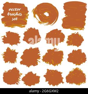 Collection of brown bicolor paint, ink brush strokes, brushes, blots, lines, grungy. Dirty artistic design elements, boxes, frames Vector Stock Vector