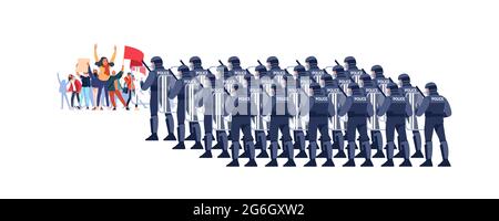 Crowd of diverse people at a demonstration for human rights. Police in Riot Gear Holding the Line. An angry men and women protest, holding placards Stock Vector