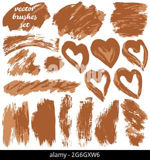 Collection of brown bicolor paint, ink brush strokes, brushes, blots, lines, grungy. Dirty artistic design elements, boxes frames Stock Vector