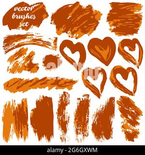 Collection of orange bicolor paint, ink brush strokes, brushes, lines, grungy. Dirty artistic design elements, boxes, frames. Isolated on white backgr Stock Vector