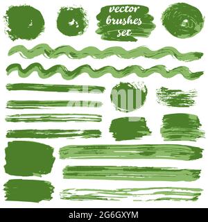 Vector illustration. Collection of green bicolor paint, ink brush strokes, brushes, blots. Dirty elements Stock Vector