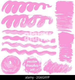 Set of freehand drawing. Collection of purple bicolor paint, ink brush strokes, brushes, blots, lines, grungy elements Stock Vector