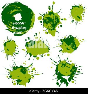 Vector illustration. Collection of green bicolor paint, ink brush strokes, brushes, blots, grungy. Dirty artistic design elements, boxes, frames Stock Vector