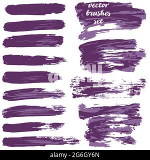 Set of freehand drawing. Collection of purple bicolor paint, ink brush strokes, brushes, blots, lines, grungy. Dirty artistic design elements Stock Vector