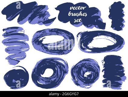 Collection of violet bicolor paint, ink brush strokes, brushes, blots, lines, grungy. Dirty design elements Stock Vector