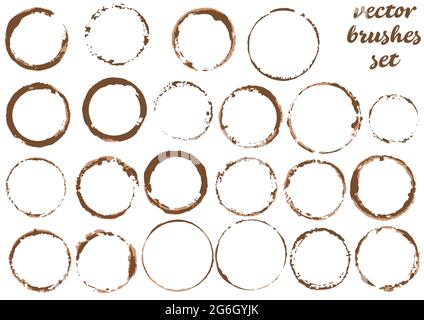 Stains of coffee. Set of stain from cups, cans, glass. Collection of mint bicolor paint, brushes, blots, grungy. Dirty elements Stock Vector