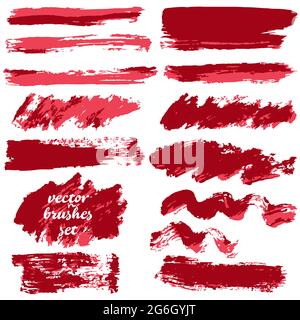 Set of freehand drawing. Collection of red bicolor paint, ink brush strokes, brushes, grungy elements Stock Vector