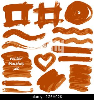Collection of brown bicolor paint, ink brush strokes, brushes, blots, lines, grungy. Dirty artistic design elements, boxes Stock Vector