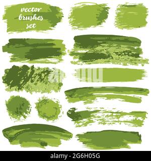 Collection of green bicolor paint, ink brush strokes, brushes, blots, lines, grungy. Dirty artistic design elements, boxes, frames. Vector Isolated on Stock Vector